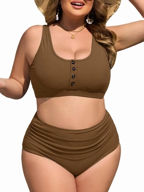 Summer Mae Plus Size Women Ribbed Bikini Set Two Piece High Waist Swimsuit Scoop Top Tummy Control Bathing Suit Swimwear
