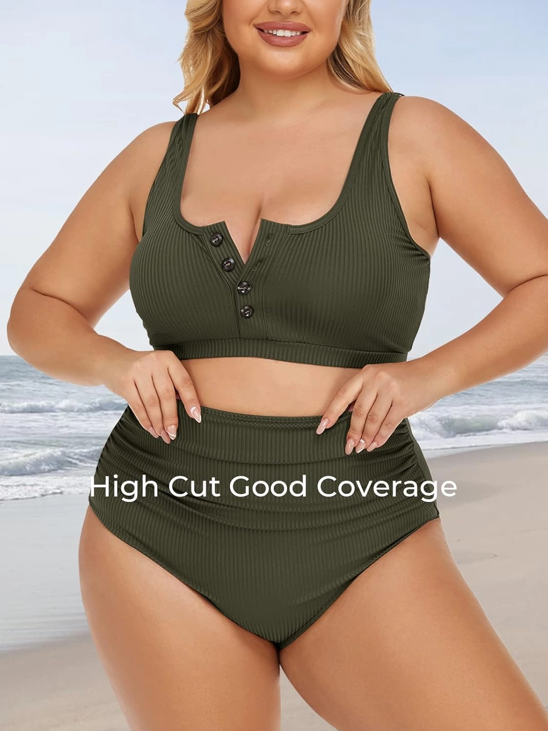 Summer Mae Plus Size Women Ribbed Bikini Set Two Piece High Waist Swimsuit Scoop Top Tummy Control Bathing Suit Swimwear