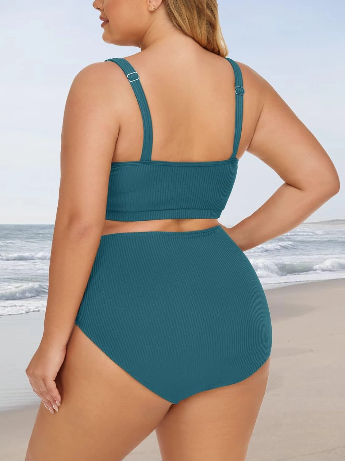 Summer Mae Plus Size Women Ribbed Bikini Set Two Piece High Waist Swimsuit Scoop Top Tummy Control Bathing Suit Swimwear