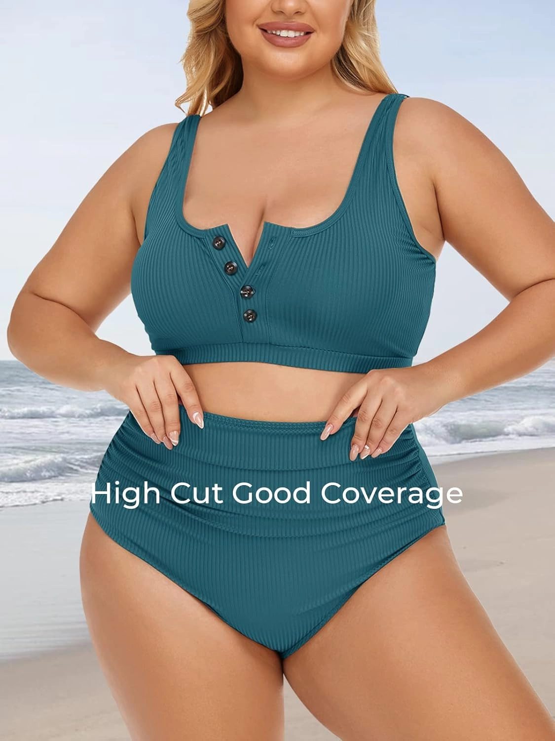 Summer Mae Plus Size Women Ribbed Bikini Set Two Piece High Waist Swimsuit Scoop Top Tummy Control Bathing Suit Swimwear