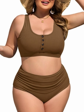 Summer Mae Plus Size Women Ribbed Bikini Set Two Piece High Waist Swimsuit Scoop Top Tummy Control Bathing Suit Swimwear
