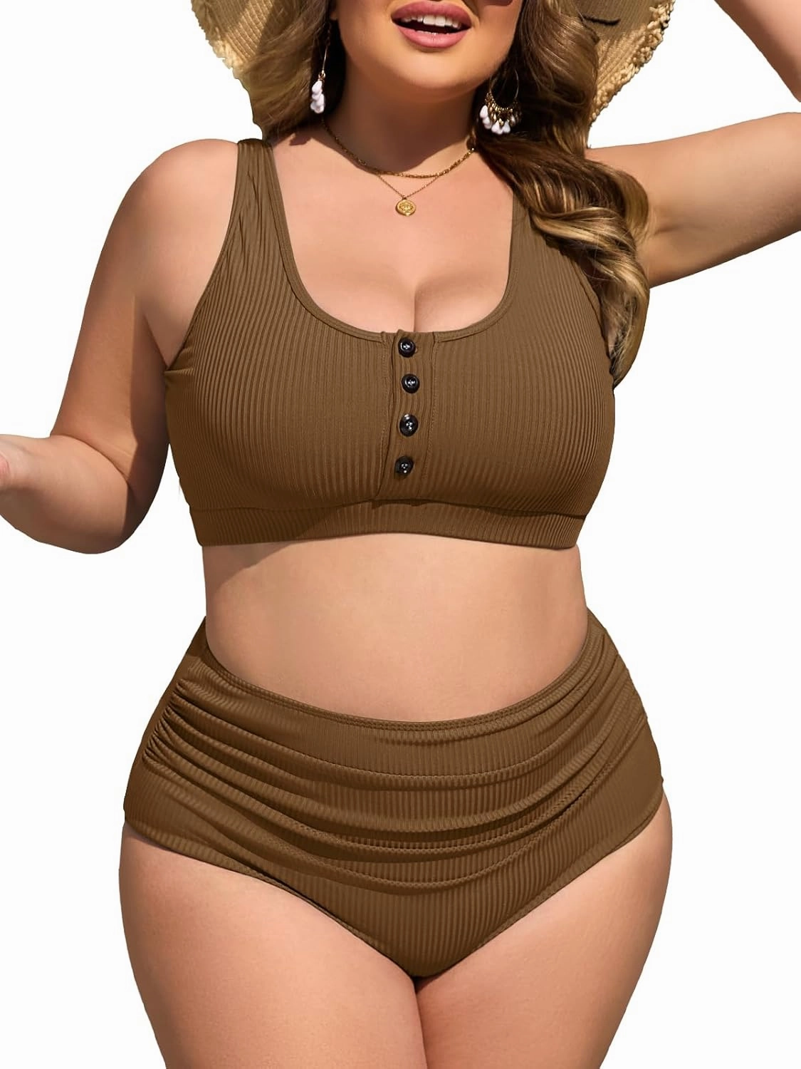 Summer Mae Plus Size Women Ribbed Bikini Set Two Piece High Waist Swimsuit Scoop Top Tummy Control Bathing Suit Swimwear