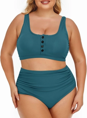 Summer Mae Plus Size Women Ribbed Bikini Set Two Piece High Waist Swimsuit Scoop Top Tummy Control Bathing Suit Swimwear