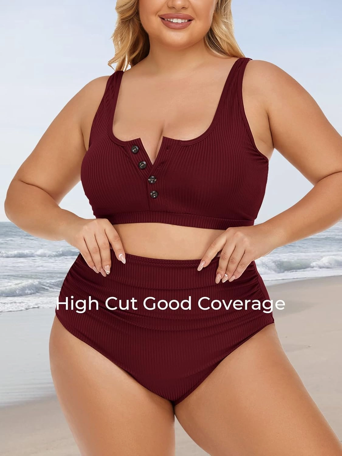 Summer Mae Plus Size Women Ribbed Bikini Set Two Piece High Waist Swimsuit Scoop Top Tummy Control Bathing Suit Swimwear