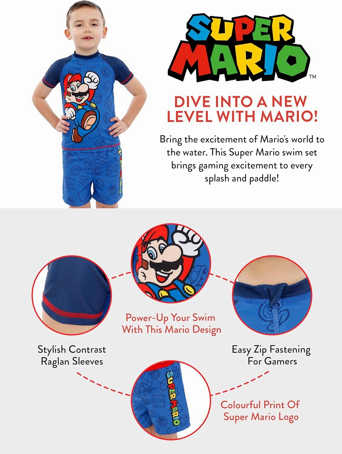 Super Mario Swimsuit for Boys | Gaming Boys Rashguard Swim Set | Boys Bathing Suit Set
