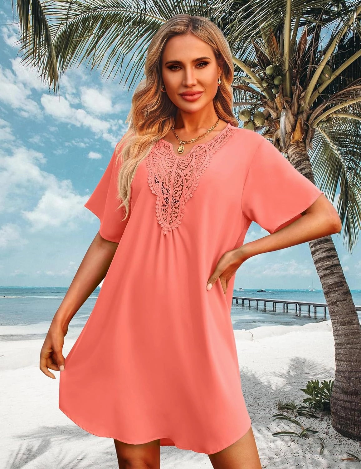 Supnier Womens Bathing Suit Cover Ups Lace Crochet V Neck Summer Beach Swimsuit Coverup Dress