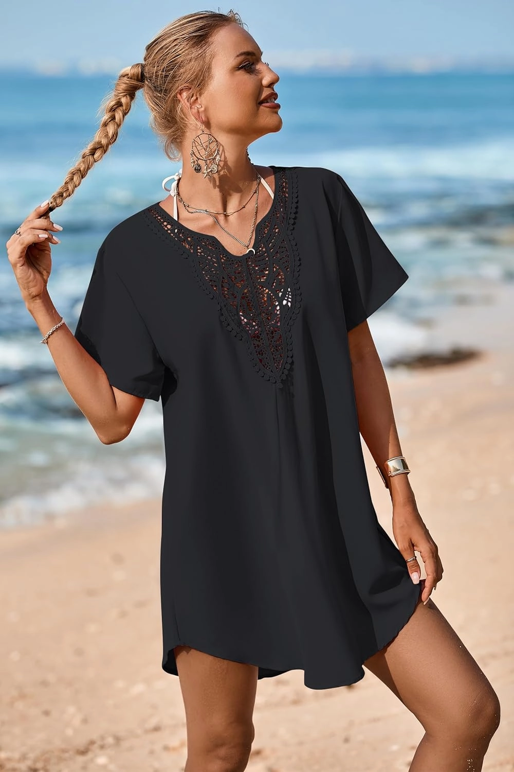 Supnier Womens Bathing Suit Cover Ups Lace Crochet V Neck Summer Beach Swimsuit Coverup Dress