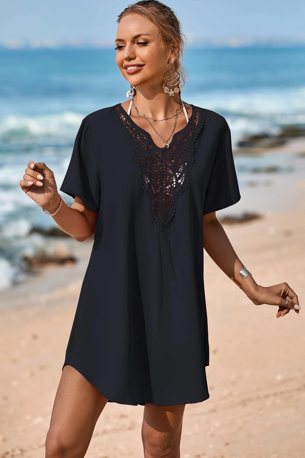 Supnier Womens Bathing Suit Cover Ups Lace Crochet V Neck Summer Beach Swimsuit Coverup Dress