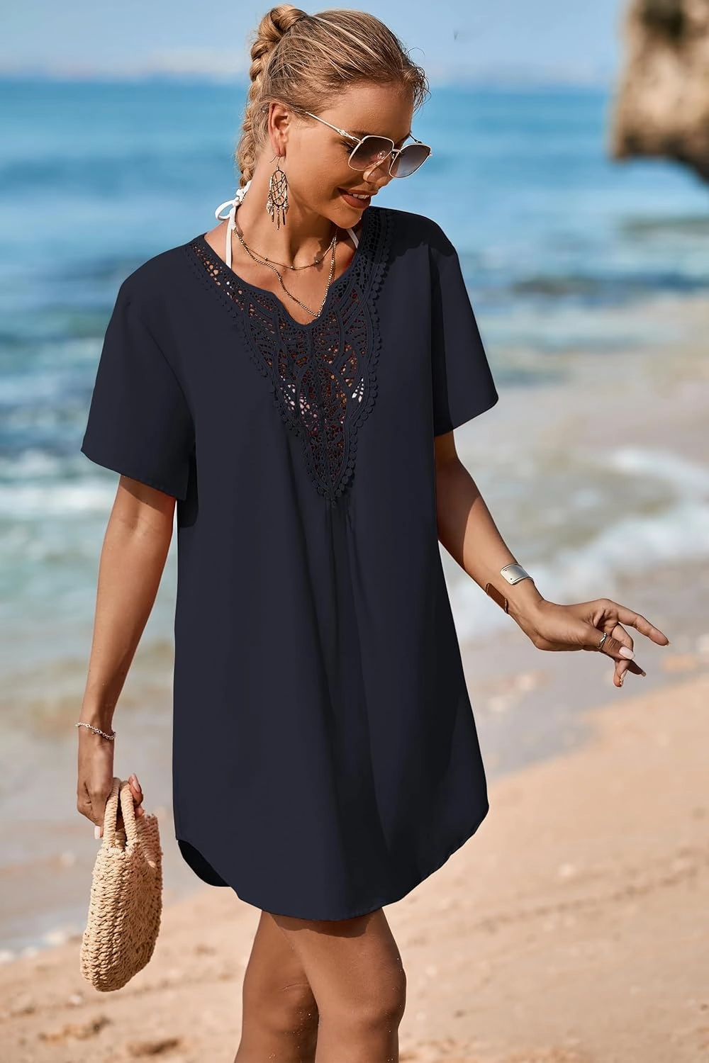 Supnier Womens Bathing Suit Cover Ups Lace Crochet V Neck Summer Beach Swimsuit Coverup Dress