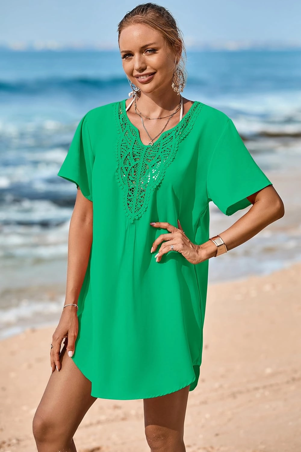 Supnier Womens Bathing Suit Cover Ups Lace Crochet V Neck Summer Beach Swimsuit Coverup Dress