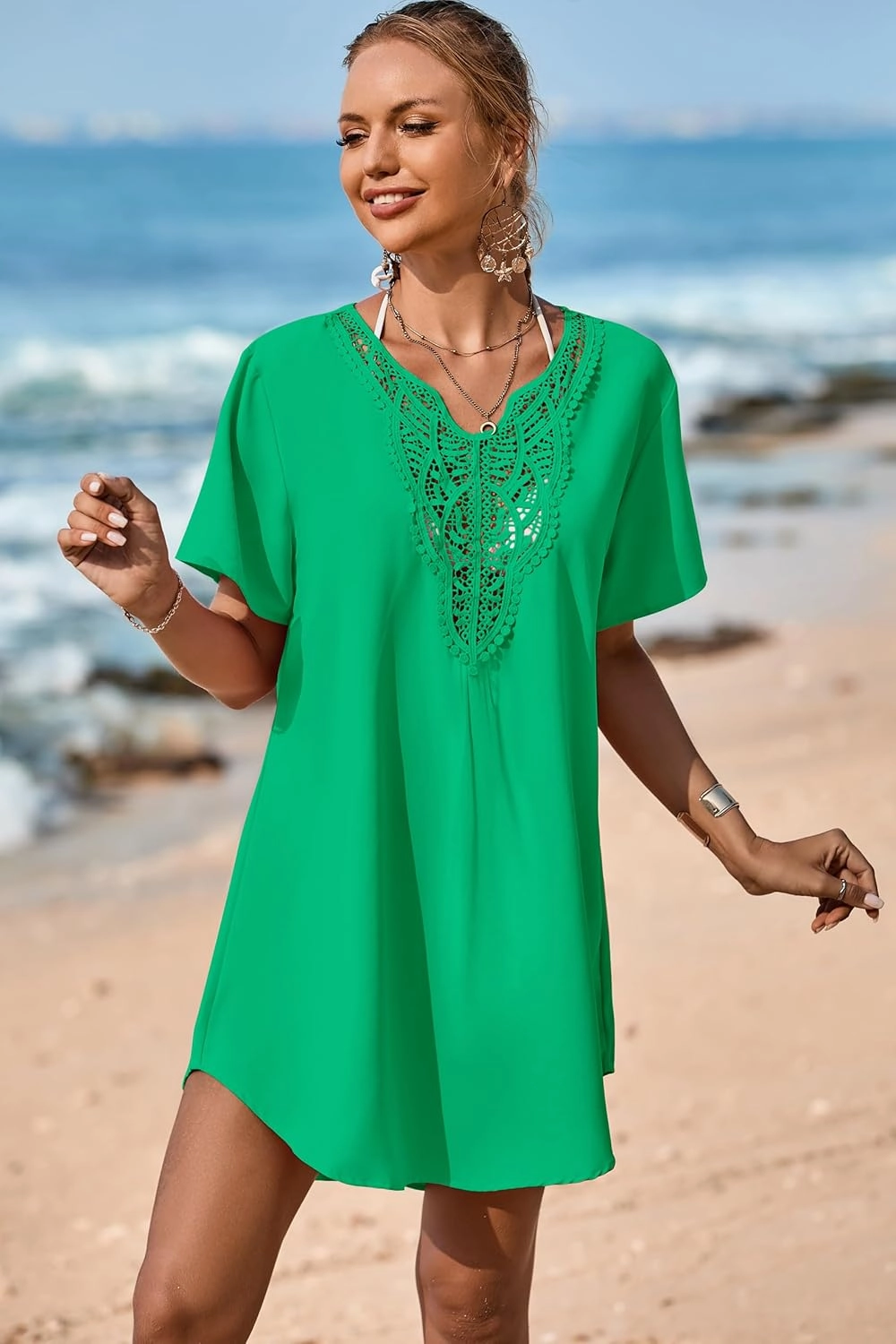 Supnier Womens Bathing Suit Cover Ups Lace Crochet V Neck Summer Beach Swimsuit Coverup Dress