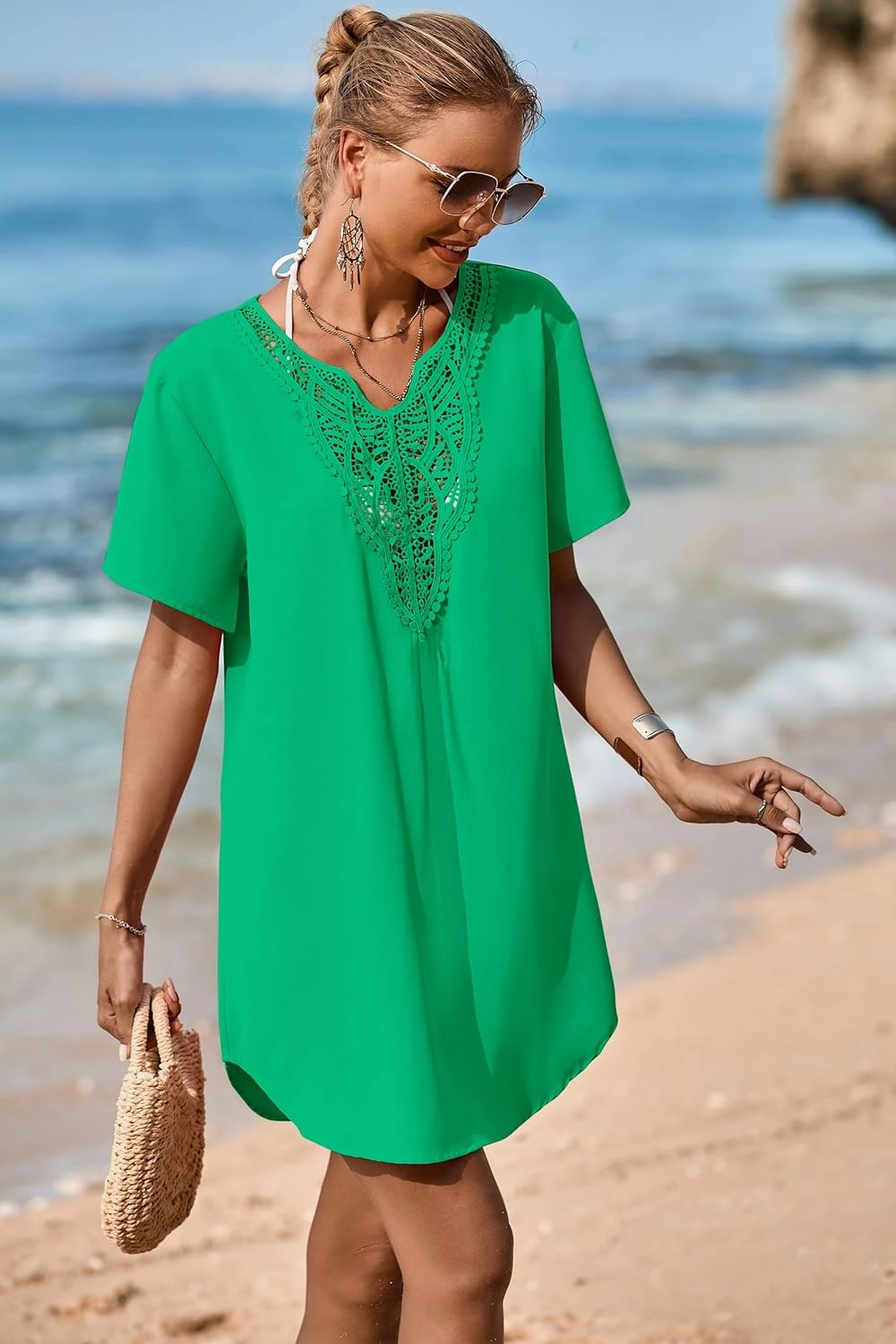 Supnier Womens Bathing Suit Cover Ups Lace Crochet V Neck Summer Beach Swimsuit Coverup Dress