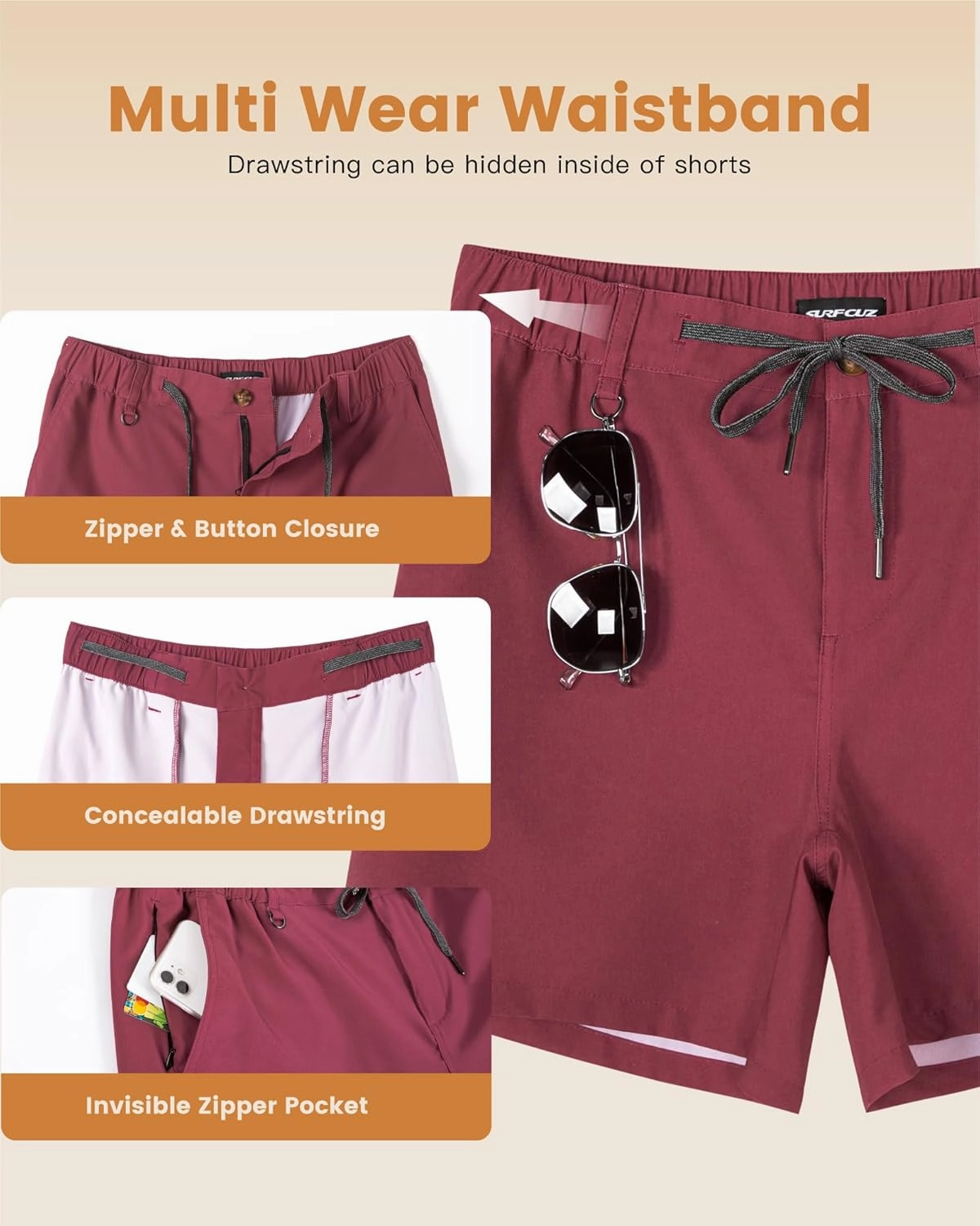 SURF CUZ Mens 5 Inch Shorts Casual Workout Shorts Classic Fit Multi-Pocket Golf Flat Front Shorts Quick Dry Hybrid Short