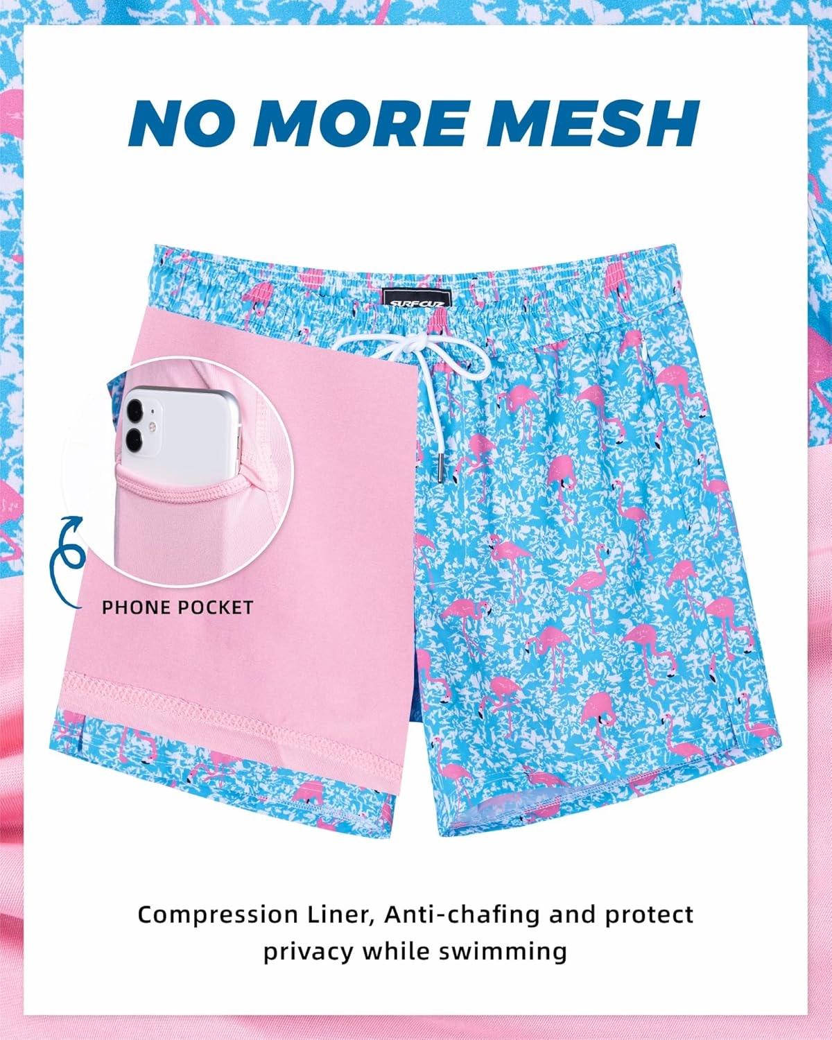 SURF CUZ Mens Swim Trunks with Compression Liner 5" Swim Shorts Quick Dry Bathing Suit Swimming Trunks Zipper Pockets
