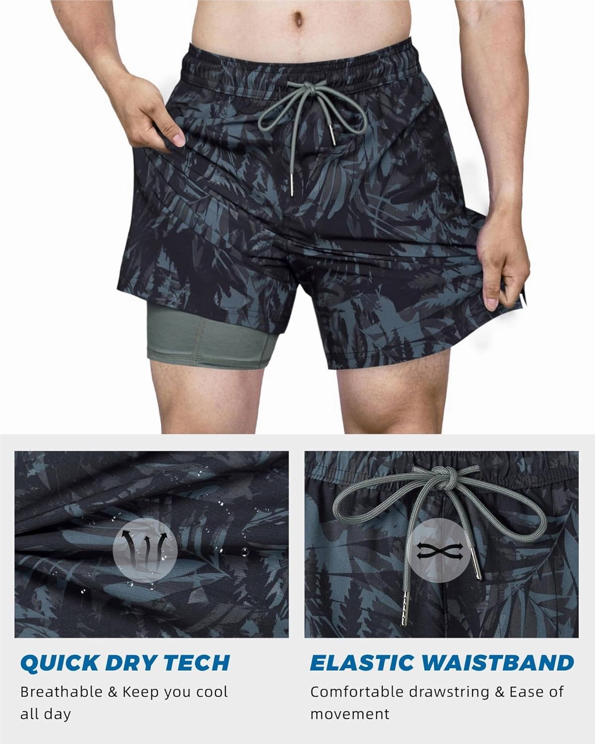 SURF CUZ Mens Swim Trunks with Compression Liner 5" Swim Shorts Quick Dry Bathing Suit Swimming Trunks Zipper Pockets