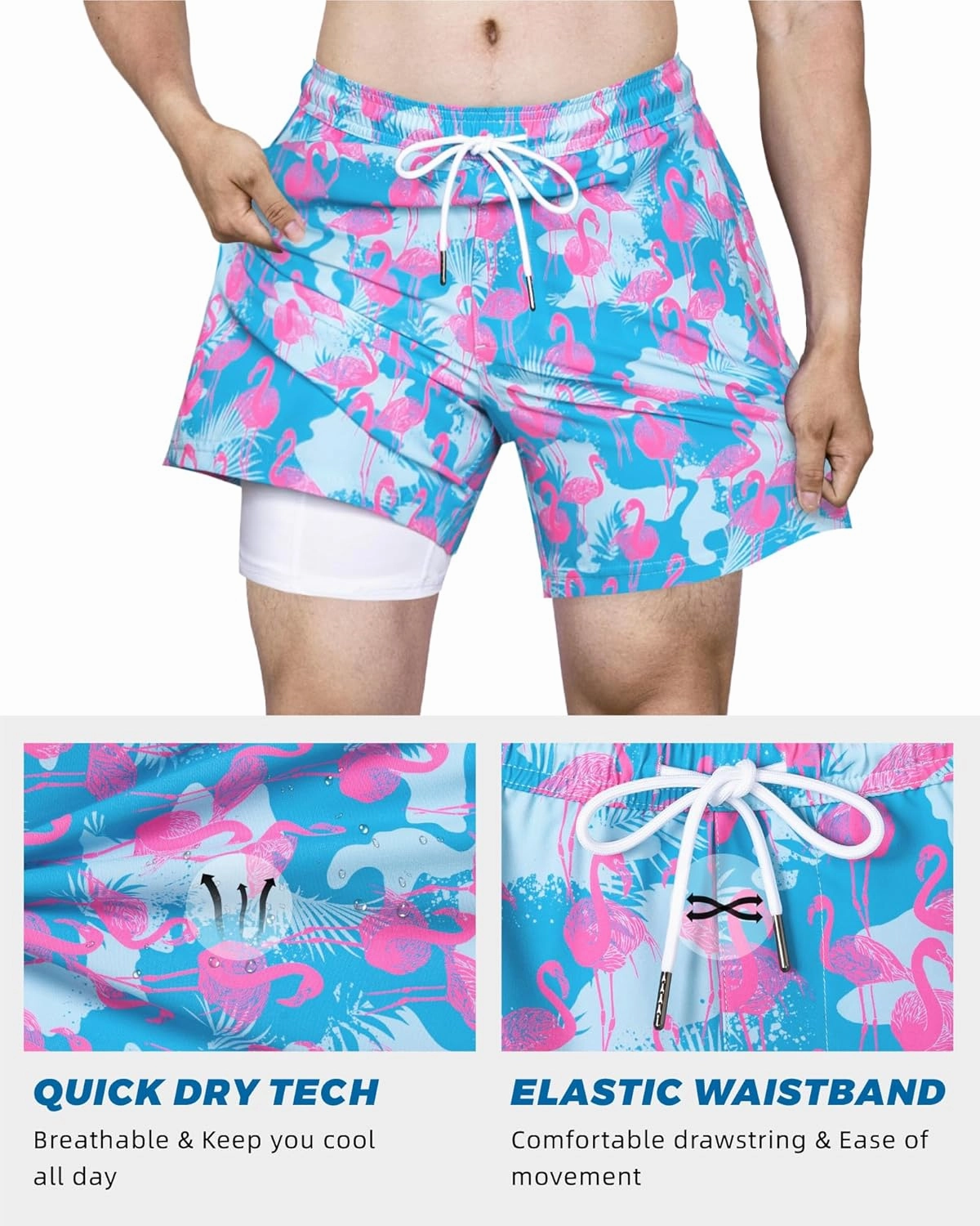 SURF CUZ Mens Swim Trunks with Compression Liner 5" Swim Shorts Quick Dry Bathing Suit Swimming Trunks Zipper Pockets