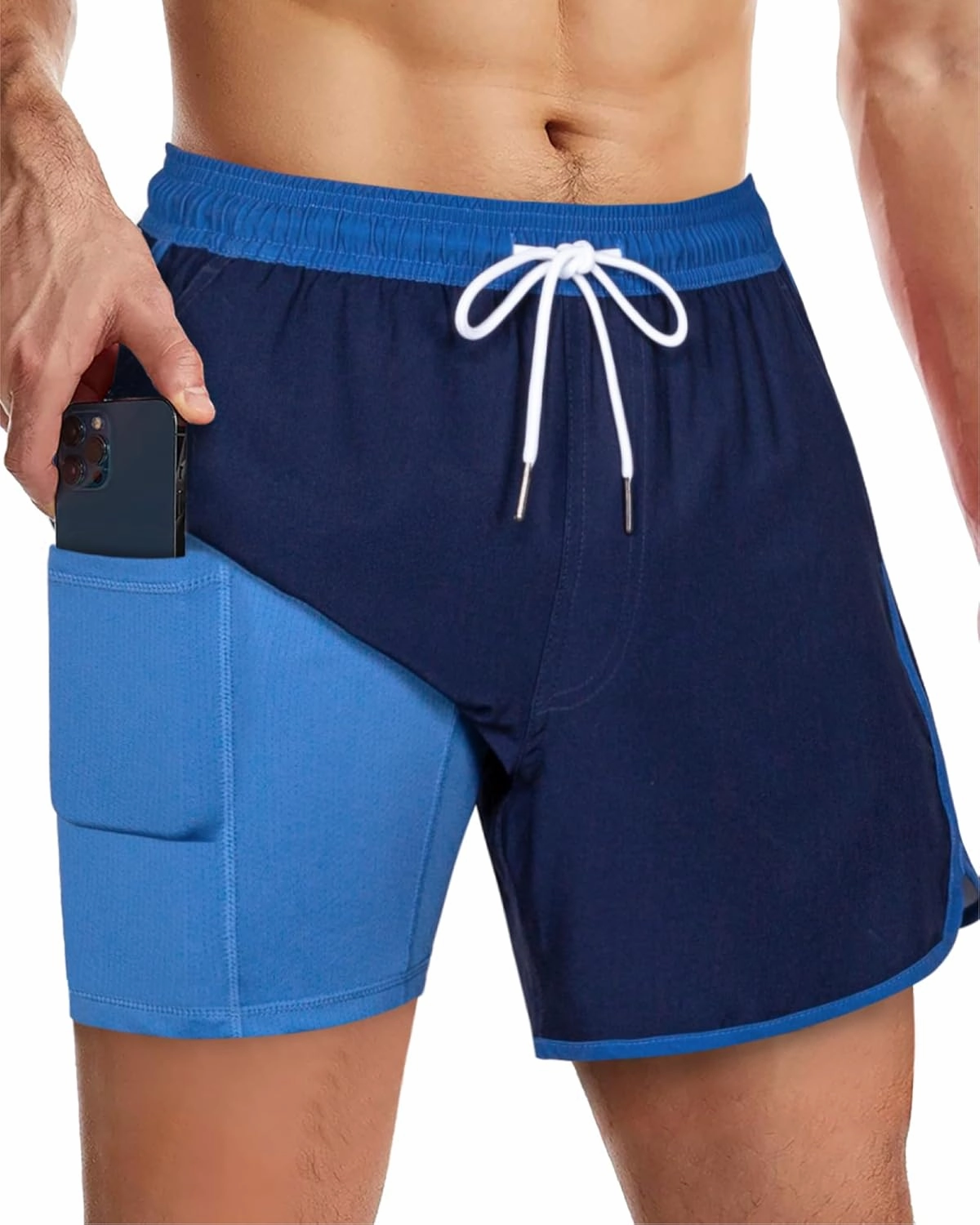 SURF CUZ Mens Swim Trunks with Compression Liner 5" Swimming Trunks 5 Inch Retro Swim Shorts with Zipper Pockets