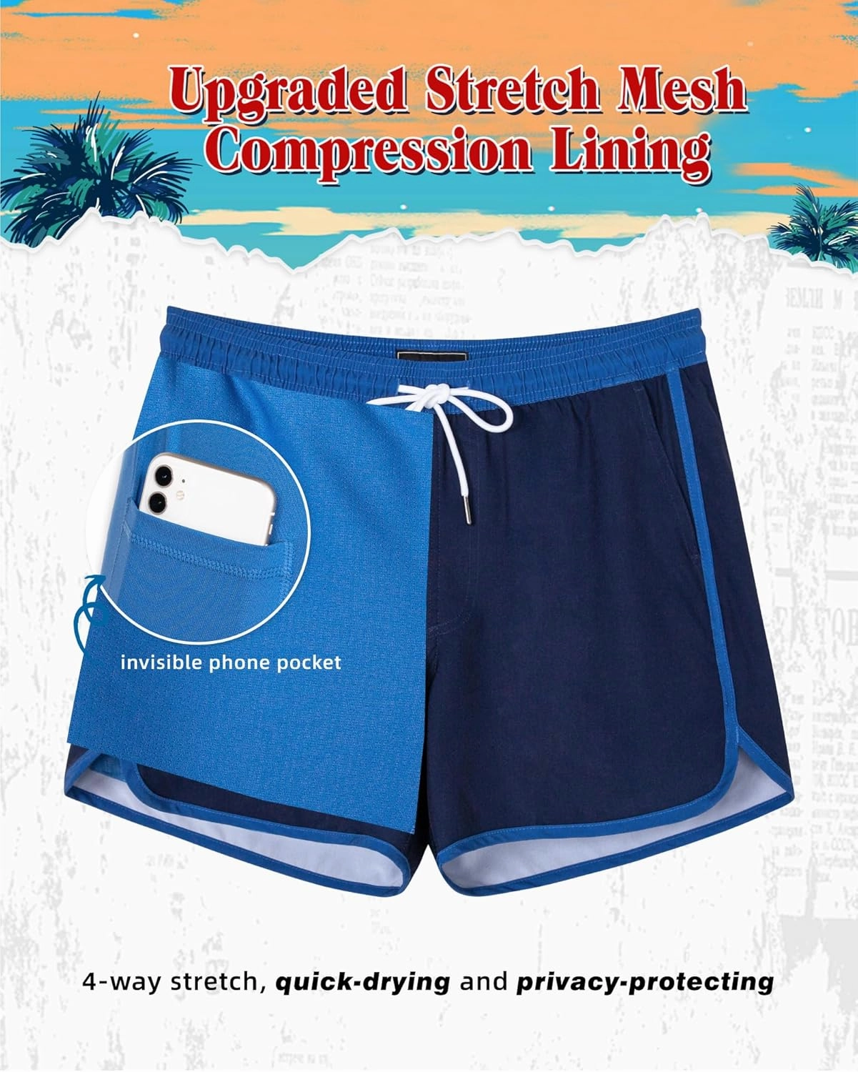 SURF CUZ Mens Swim Trunks with Compression Liner 5" Swimming Trunks 5 Inch Retro Swim Shorts with Zipper Pockets