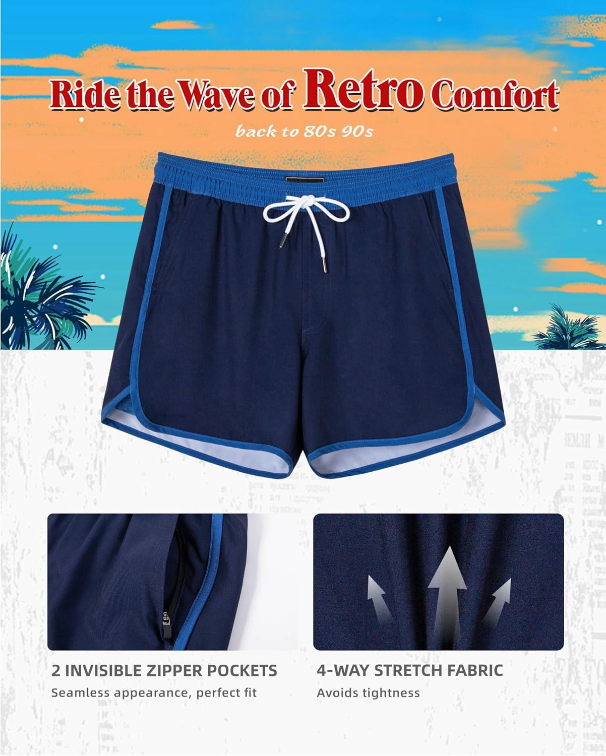 SURF CUZ Mens Swim Trunks with Compression Liner 5" Swimming Trunks 5 Inch Retro Swim Shorts with Zipper Pockets