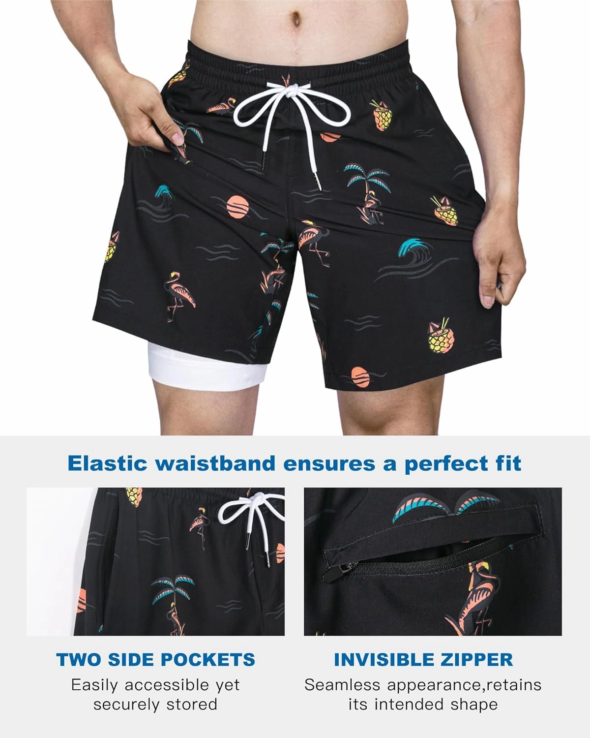 SURF CUZ Mens Swim Trunks with Compression Liner Quick Dry Swim Shorts 7" Swimming Trunks Stretch Bathing Suit 7 Inch