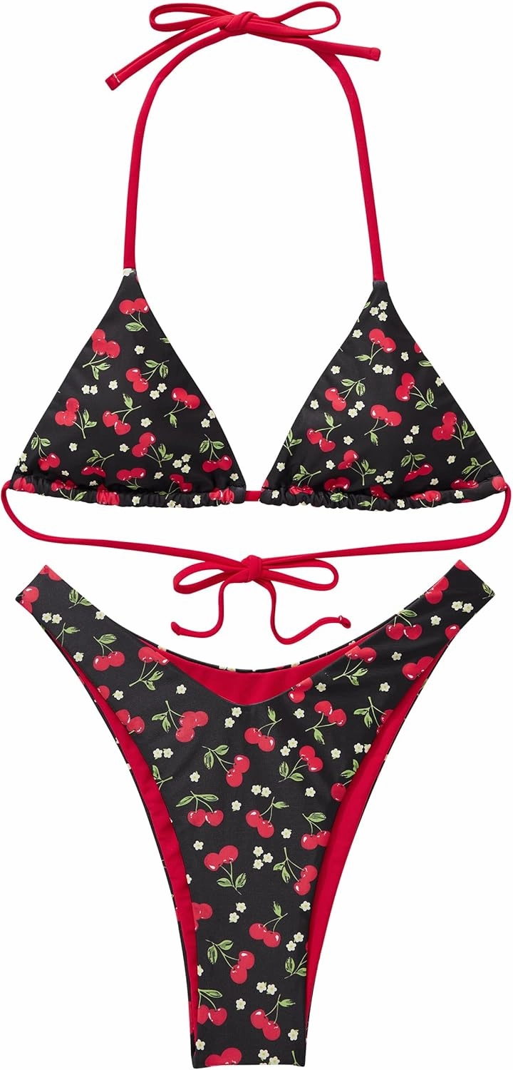 SUUKSESS Women Halter String Two Piece Bikini Sets Reversible Thong Swimsuit