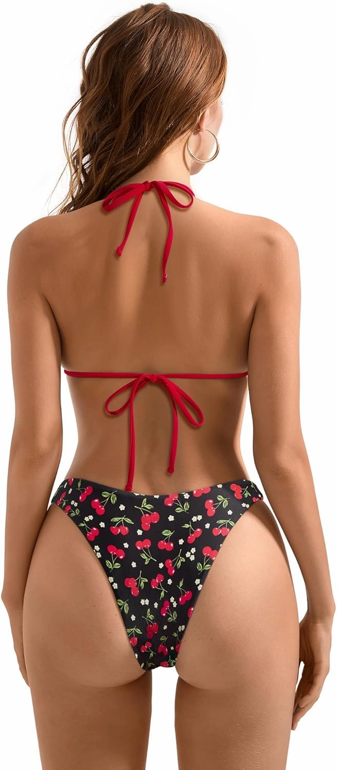 SUUKSESS Women Halter String Two Piece Bikini Sets Reversible Thong Swimsuit