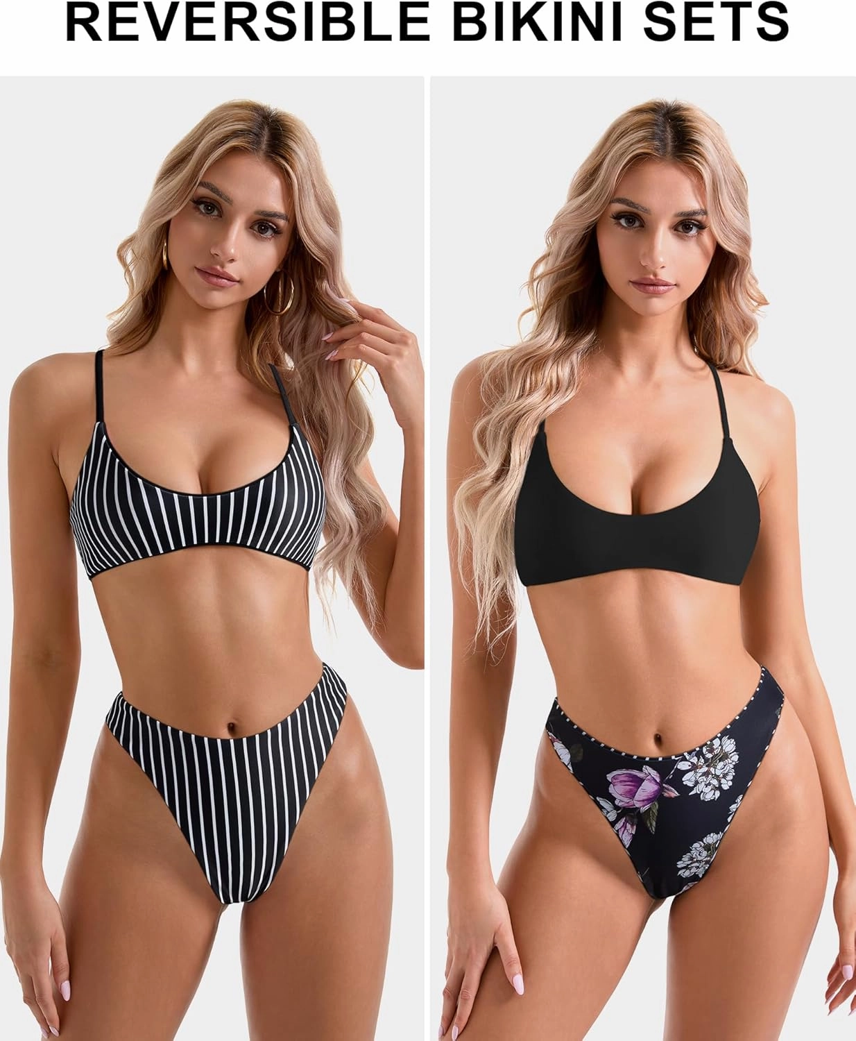 SUUKSESS Women High Waisted Thong Bikini Set Reversible String 2 Piece Swimsuit