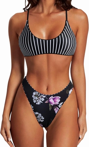 SUUKSESS Women High Waisted Thong Bikini Set Reversible String 2 Piece Swimsuit
