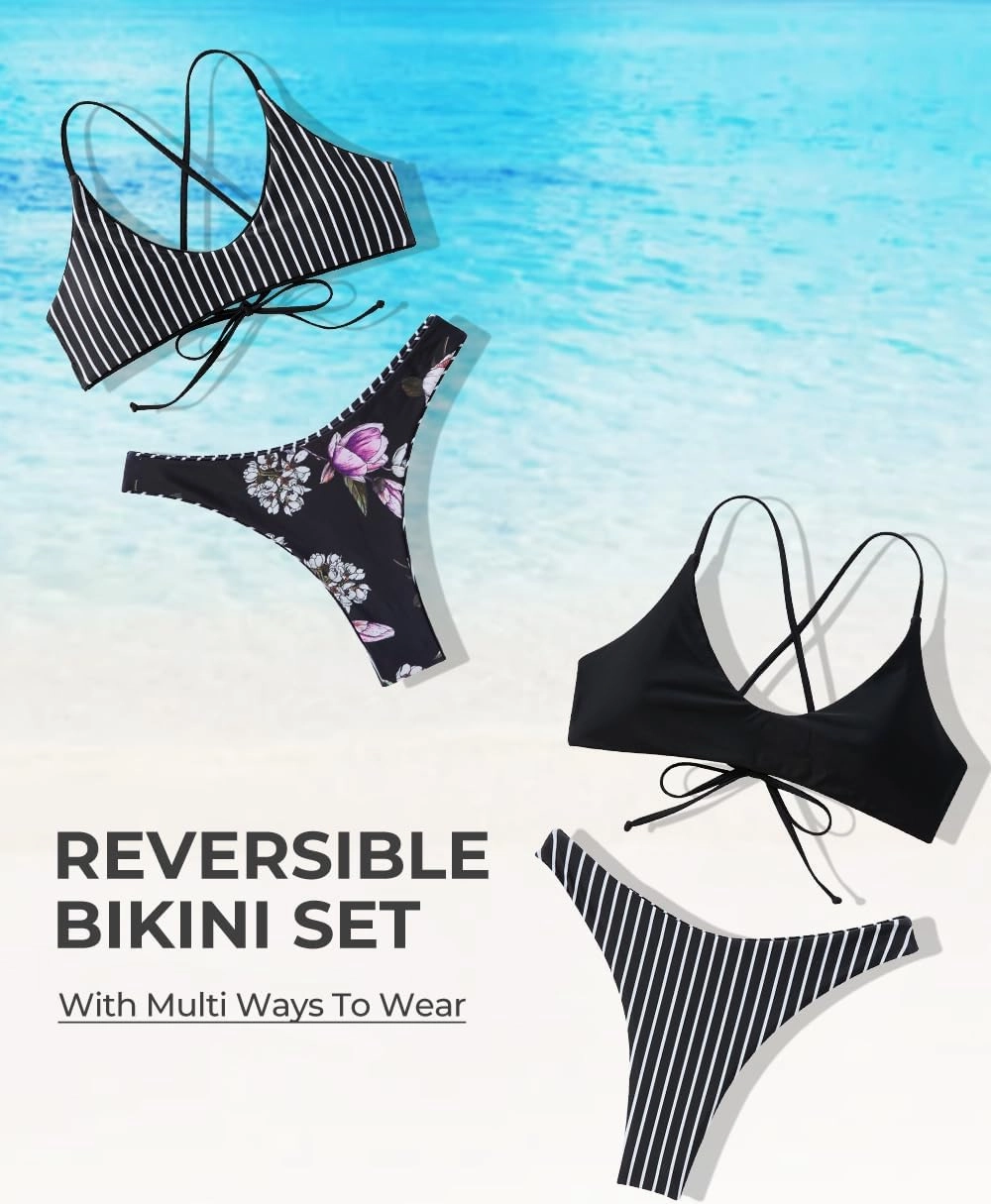 SUUKSESS Women High Waisted Thong Bikini Set Reversible String 2 Piece Swimsuit