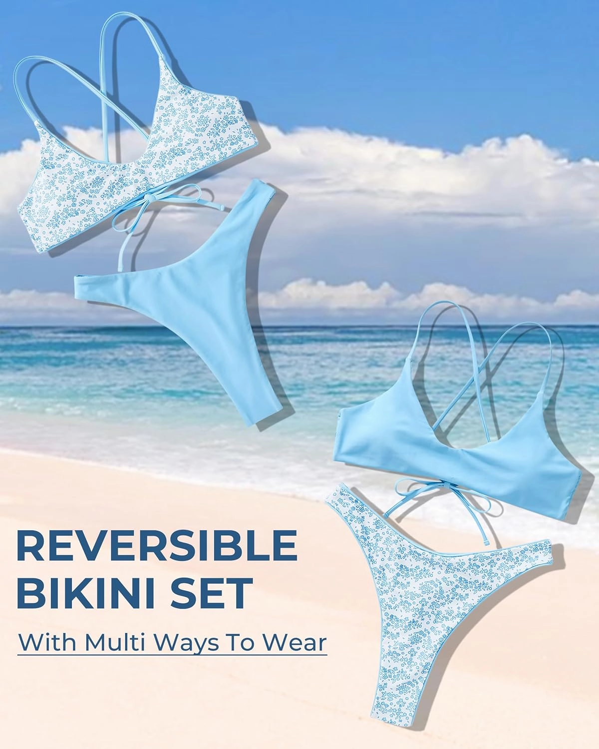 SUUKSESS Women High Waisted Thong Bikini Set Reversible String 2 Piece Swimsuit