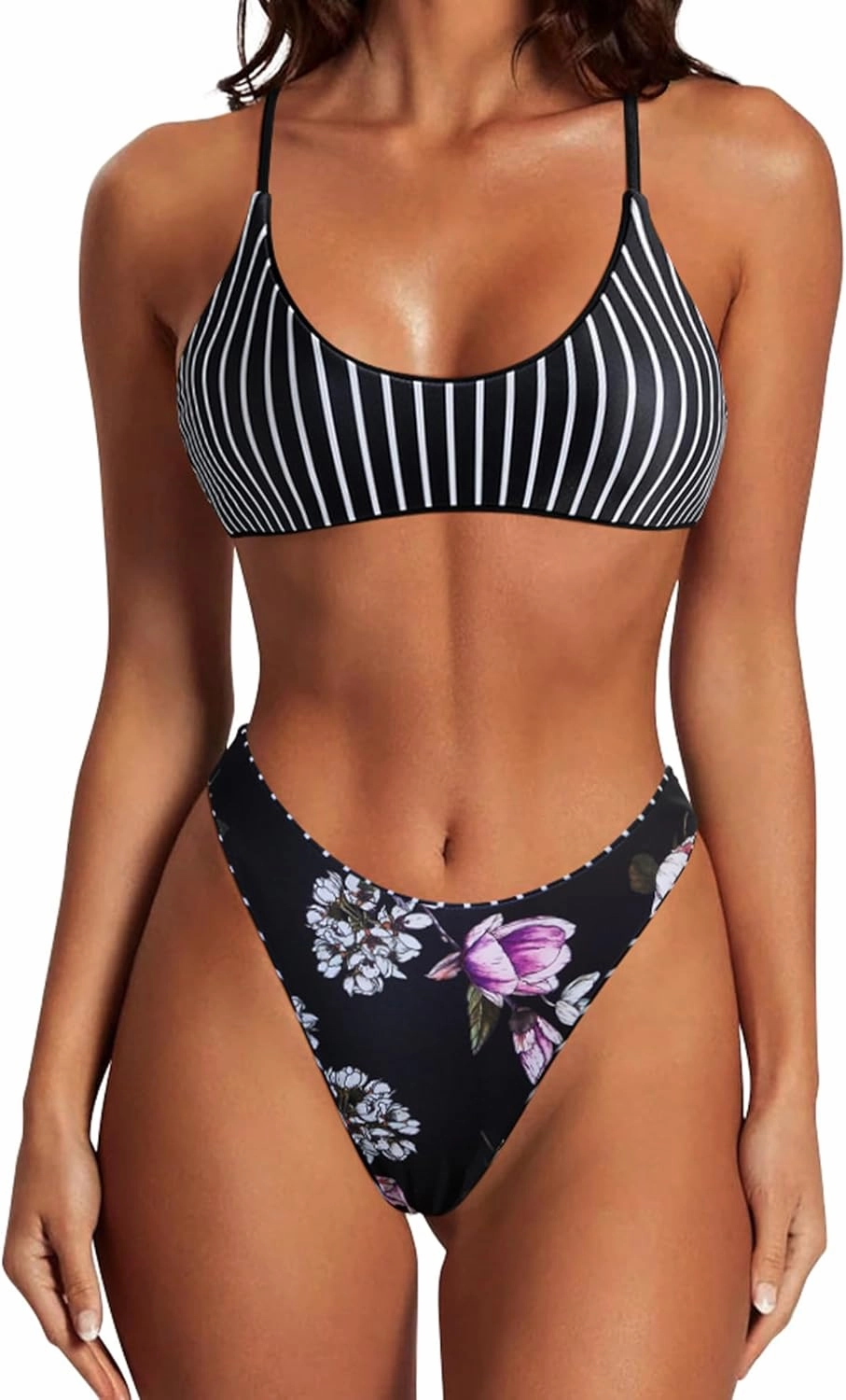 SUUKSESS Women High Waisted Thong Bikini Set Reversible String 2 Piece Swimsuit