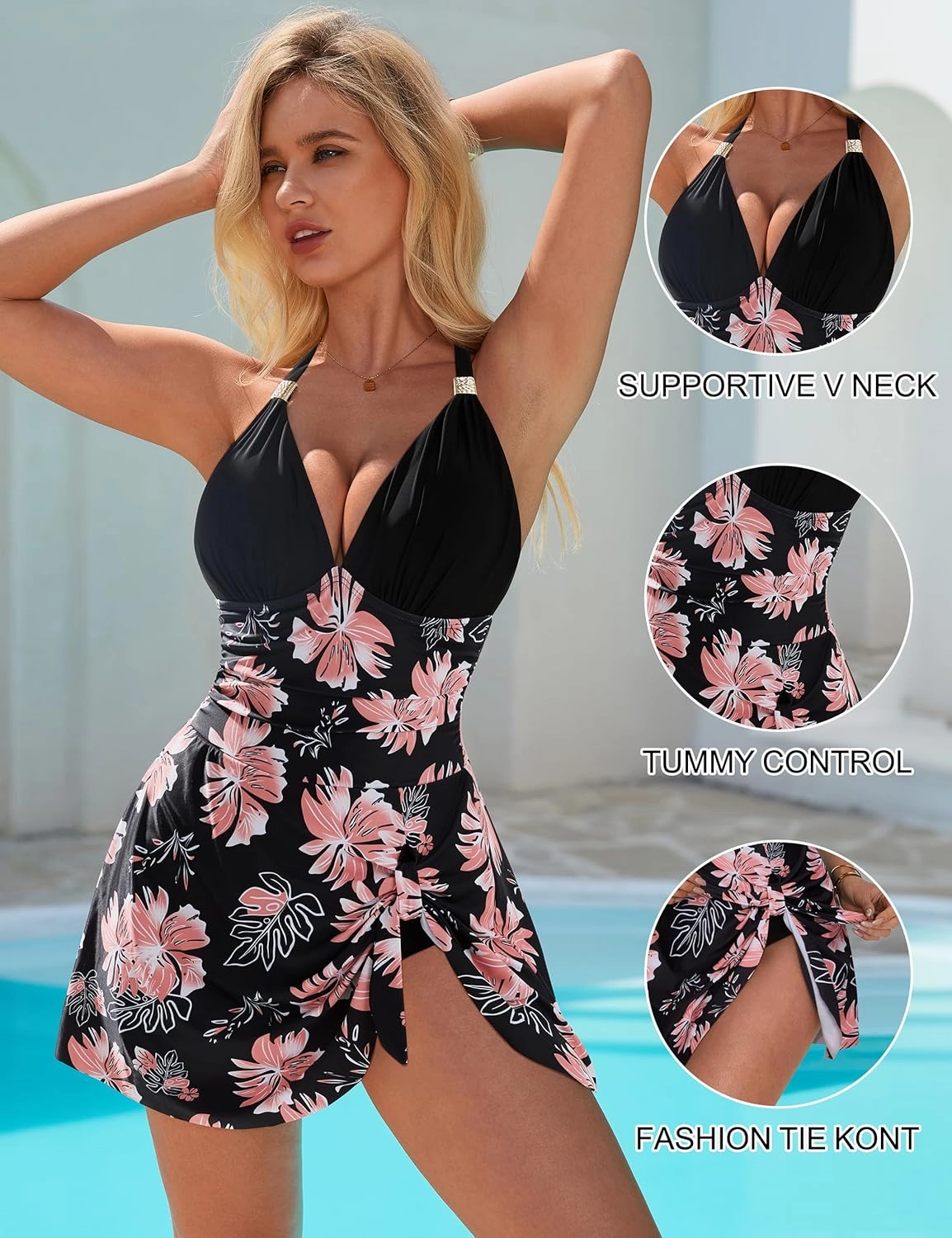 SUUKSESS Women One Piece Swim Dress Tummy Control Swimsuit Tie Knot Bathing Suit