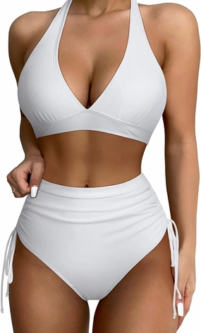 SUUKSESS Women Ribbed High Waist Bikini Sexy Drawstring Tummy Control Swimsuits