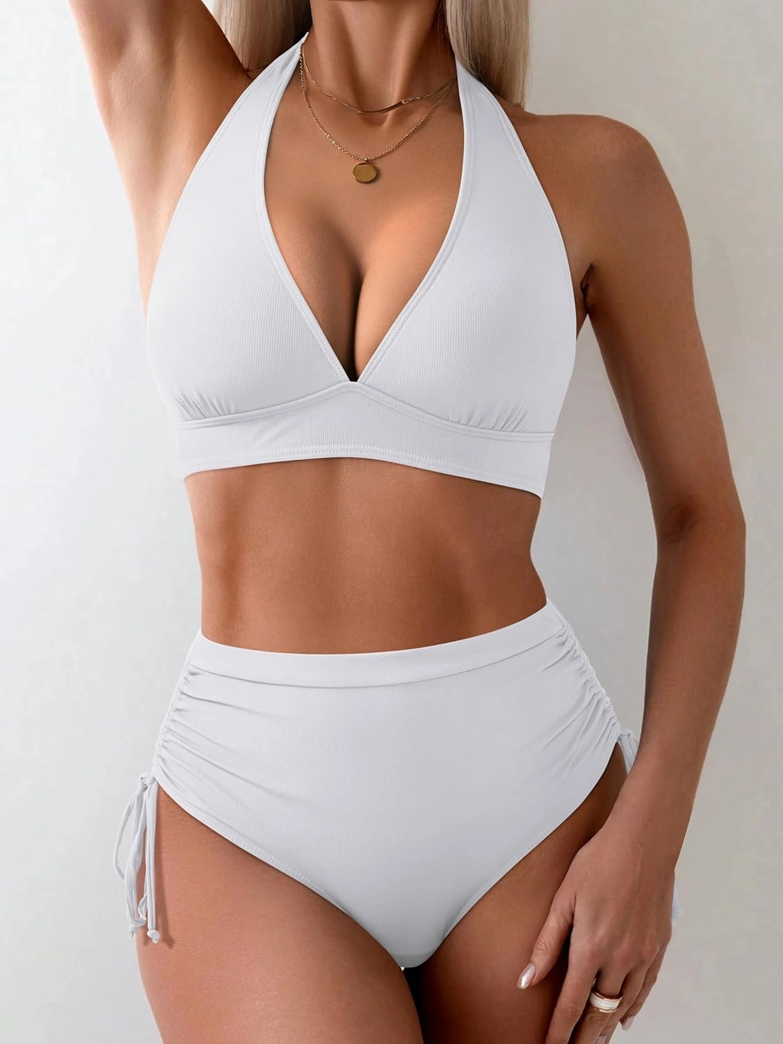 SUUKSESS Women Ribbed High Waist Bikini Sexy Drawstring Tummy Control Swimsuits