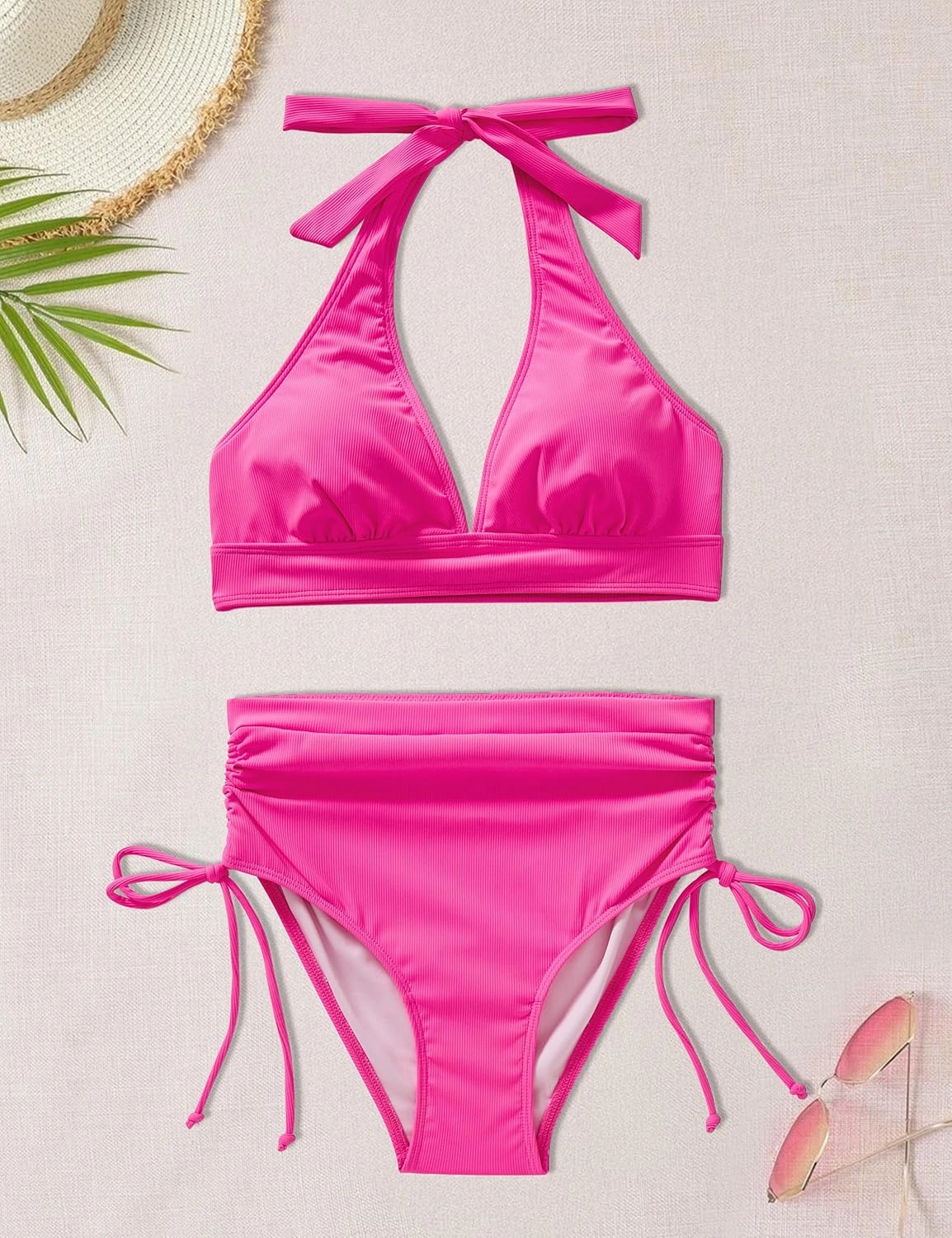 SUUKSESS Women Ribbed High Waist Bikini Sexy Drawstring Tummy Control Swimsuits