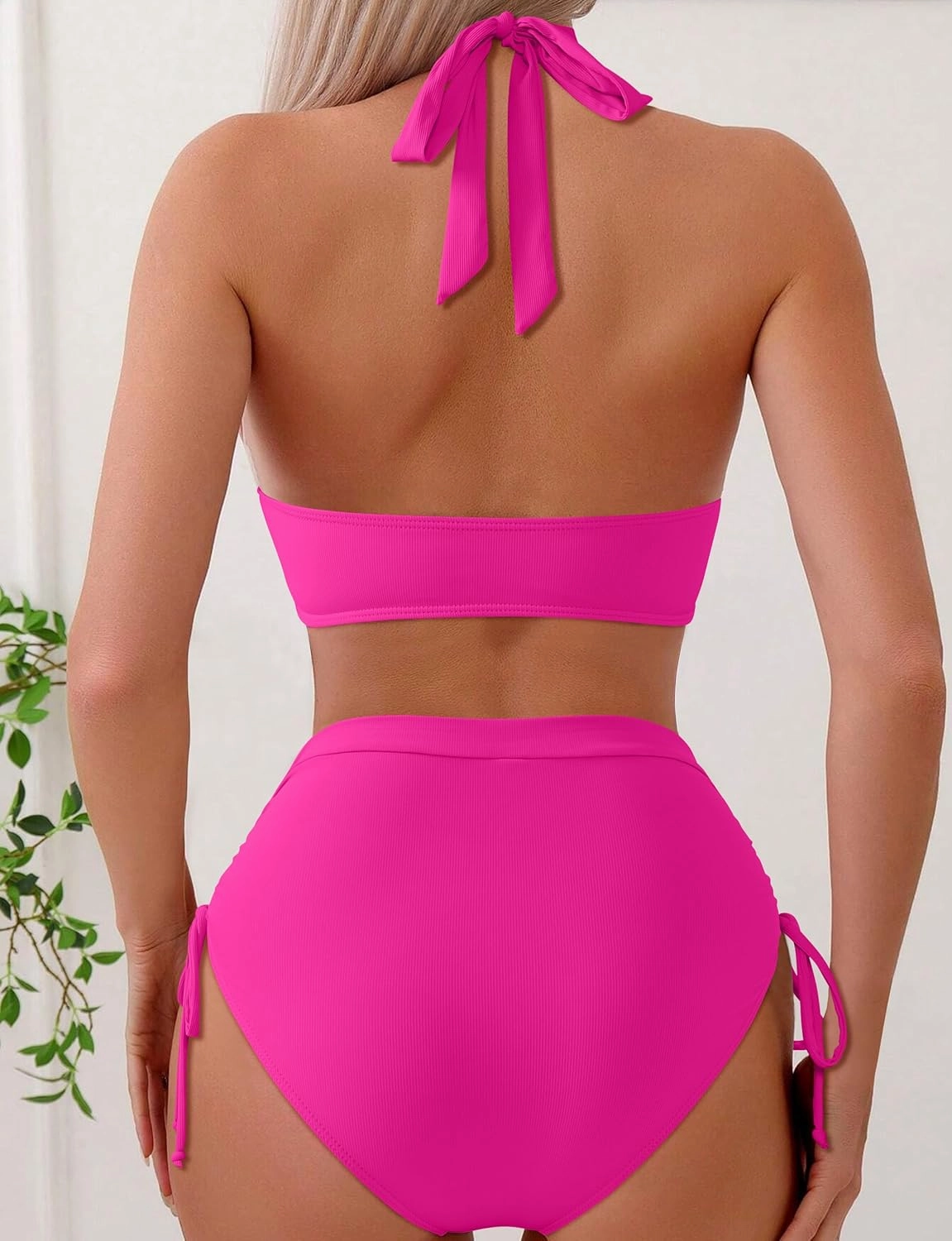 SUUKSESS Women Ribbed High Waist Bikini Sexy Drawstring Tummy Control Swimsuits
