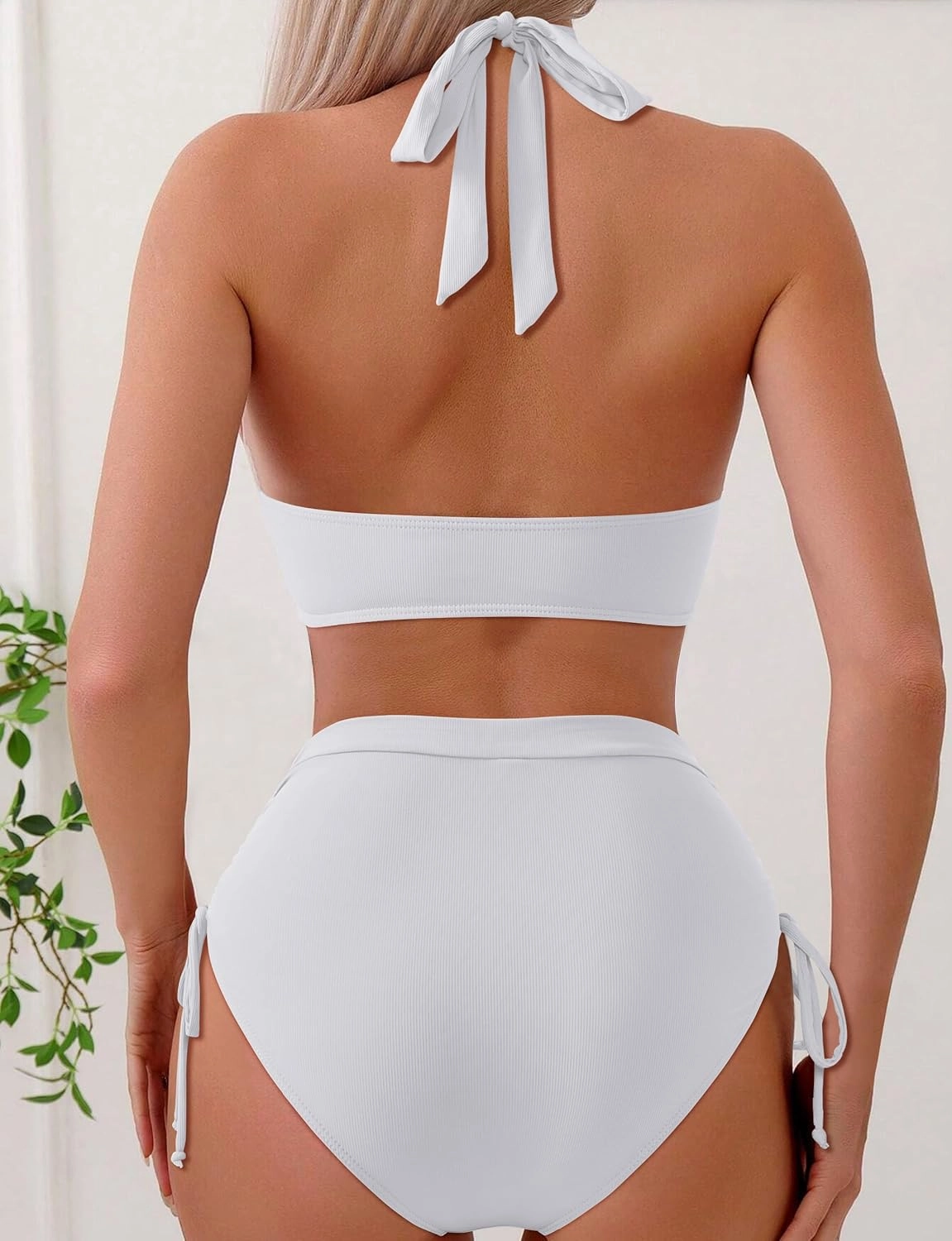 SUUKSESS Women Ribbed High Waist Bikini Sexy Drawstring Tummy Control Swimsuits