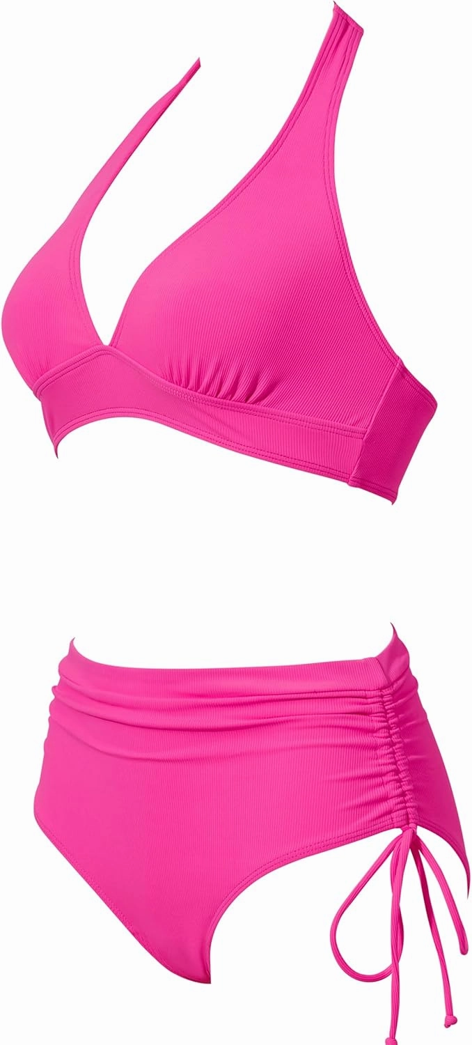 SUUKSESS Women Ribbed High Waist Bikini Sexy Drawstring Tummy Control Swimsuits