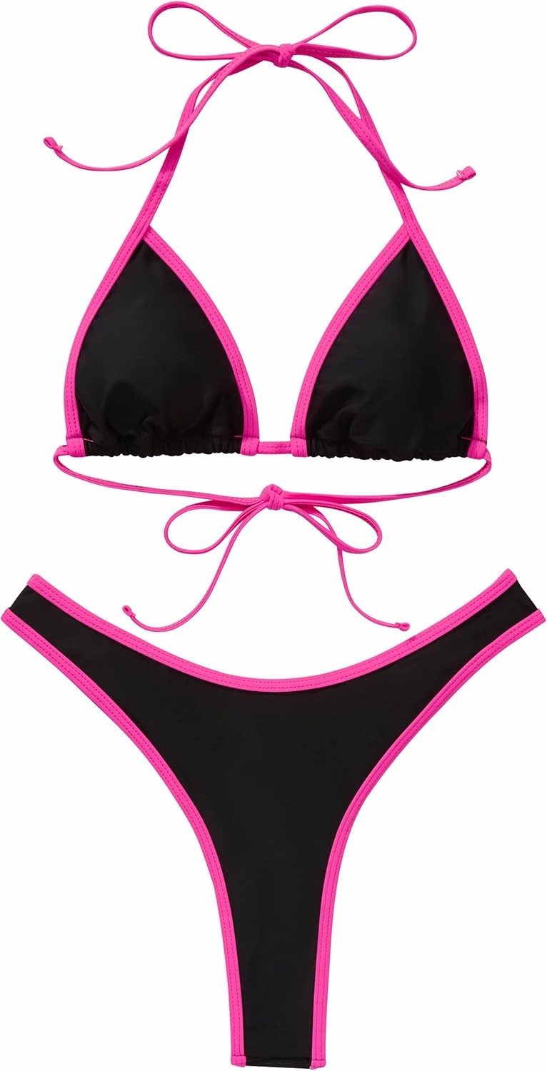 SUUKSESS Women Sexy Thong String 2 Piece Bikini Set Cheeky Halter Swimsuit
