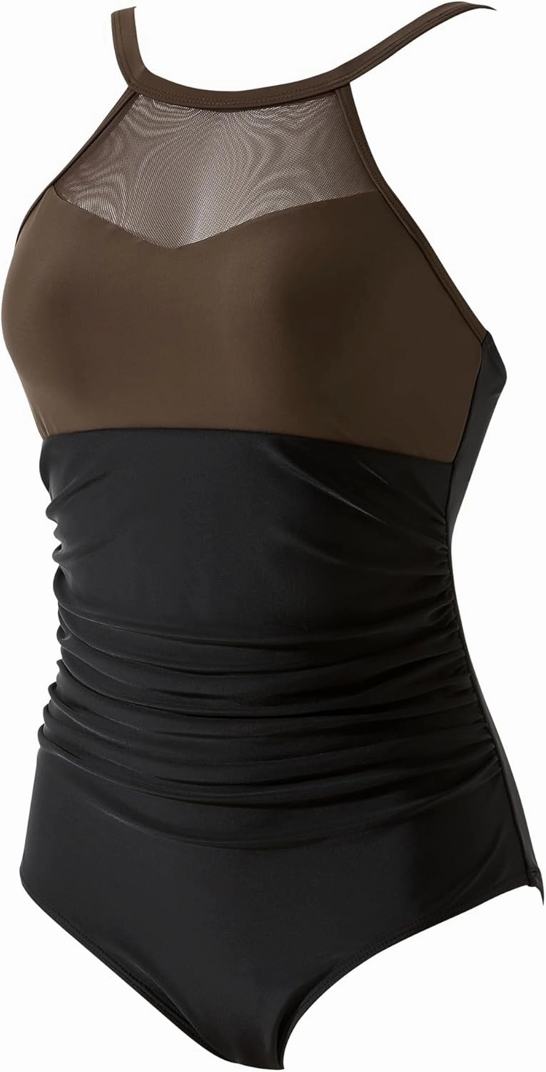 SUUKSESS Women Tummy Control One Piece Swimsuit Sexy Mesh High Neck Bathing Suit