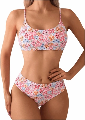 SweatyRocks Women's 2 Piece Bikini Set Ditsy Floral Print High Cut Bathing Suit Beachwear