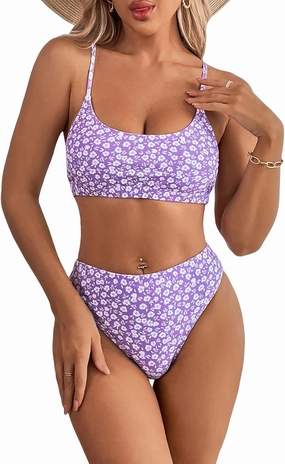 SweatyRocks Women's 2 Piece Bikini Set Ditsy Floral Print High Cut Bathing Suit Beachwear