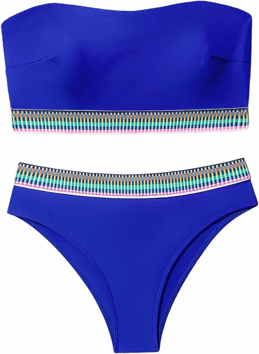 SweatyRocks Women's Bathing Suits Striped Bandeau Bikini high Waisted Swimsuits Swimwear Set