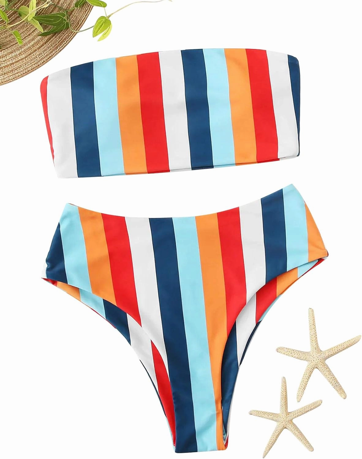 SweatyRocks Women's Bathing Suits Striped Bandeau Bikini high Waisted Swimsuits Swimwear Set