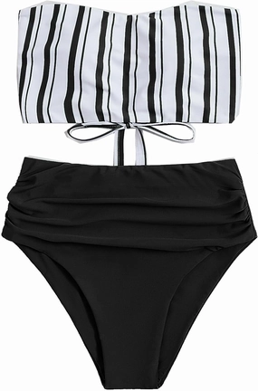 SweatyRocks Women's Bathing Suits Striped Bandeau Bikini high Waisted Swimsuits Swimwear Set