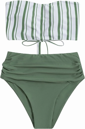 SweatyRocks Women's Bathing Suits Striped Bandeau Bikini high Waisted Swimsuits Swimwear Set
