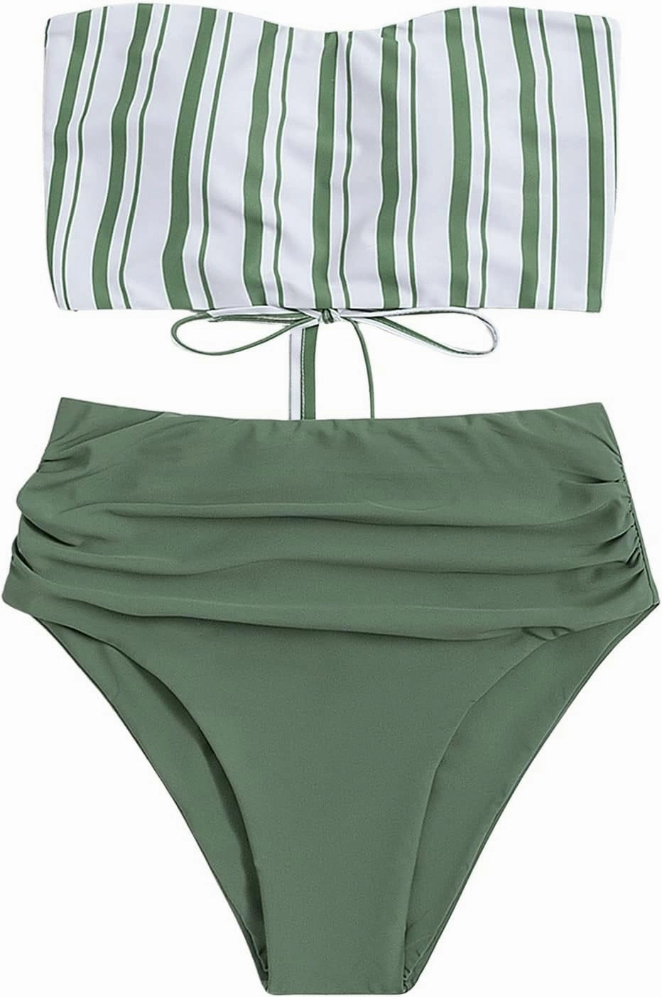 SweatyRocks Women's Bathing Suits Striped Bandeau Bikini high Waisted Swimsuits Swimwear Set