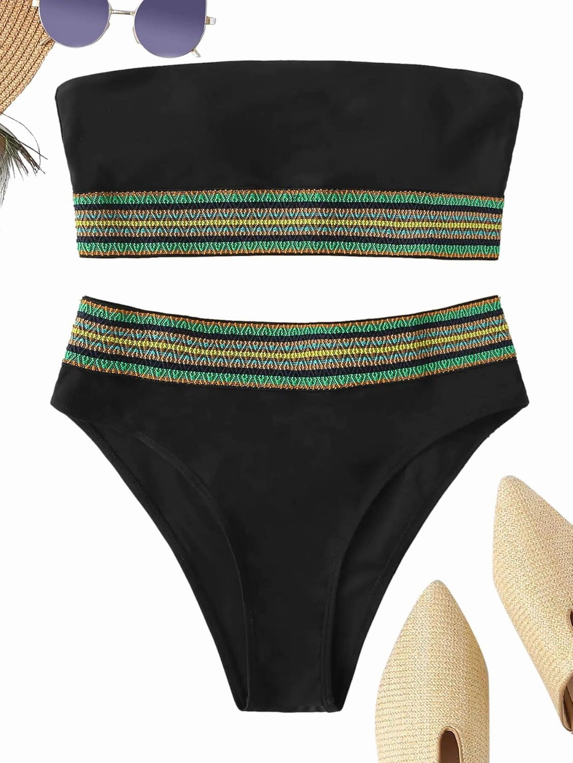SweatyRocks Women's Bathing Suits Striped Bandeau Bikini high Waisted Swimsuits Swimwear Set