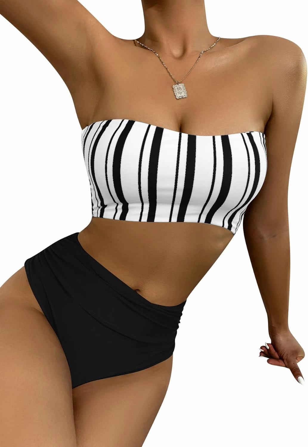 SweatyRocks Women's Bathing Suits Striped Bandeau Bikini high Waisted Swimsuits Swimwear Set