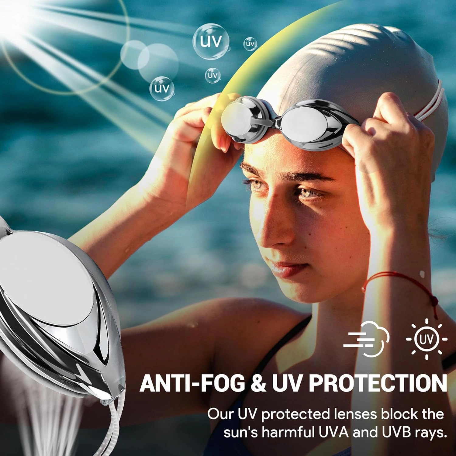 Swim Goggles for Adult Men Women Youth, Bungee Strap Swimming Goggles No Hair Pulling Mirrored/Clear Lens Goggles